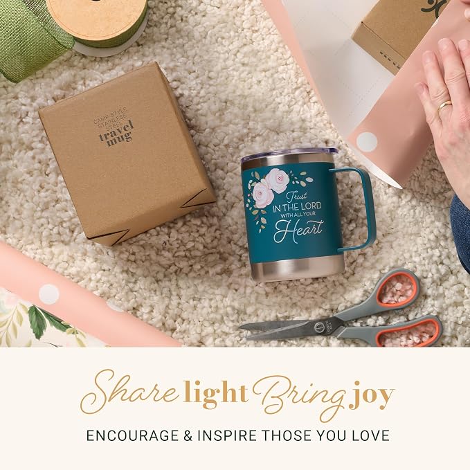 Christian Art Gifts Reusable Stainless Steel Double Wall Vacuum Insulated Camp Style Travel Mug w/Handle for Women: Trust in the Lord Inspirational Bible Verse, BPA-free Retractable Lid, Teal, 11 oz.