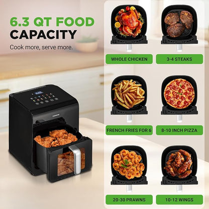 NutriChef 6 Liter Electric Air Fryer & Food Steamer Function | 12-1 Preset Cooking Functions, Fries, Chicken, & More | Transparent Window & Food Steaming option for Best Cooking Results | Black