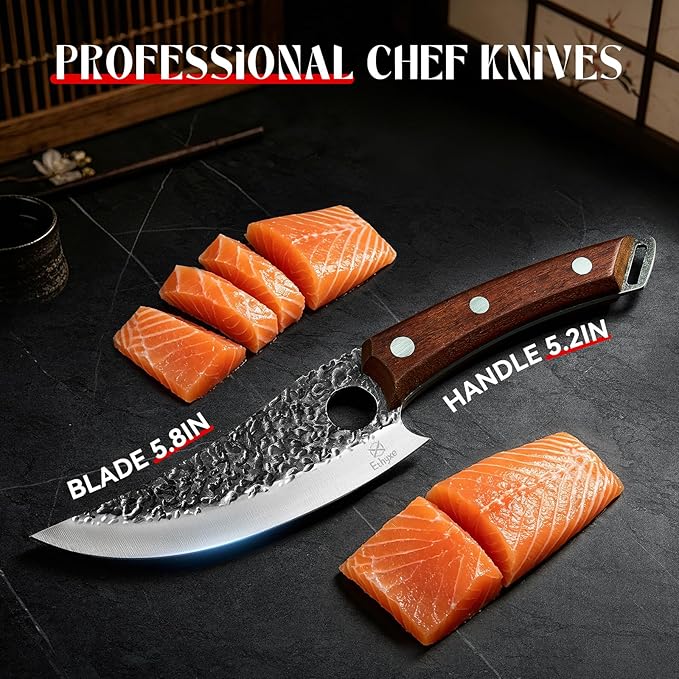 Viking Chef Knife with Premium Leather Sheath - Japanese Kitchen Knife for Meat Cutting, BBQ, Camping, Cooking, Ergonomic Handle Gift for Men