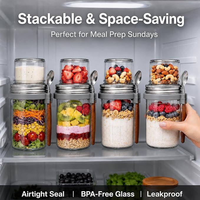 4 Pack Overnight Oats Containers With Lids And Spoons, (16Oz+5Oz) Glass Mason Jars With Dry And Wet Separation For Cereal Nut Fruit Salad Chia Pudding Yogurt, Meal Prep Jars