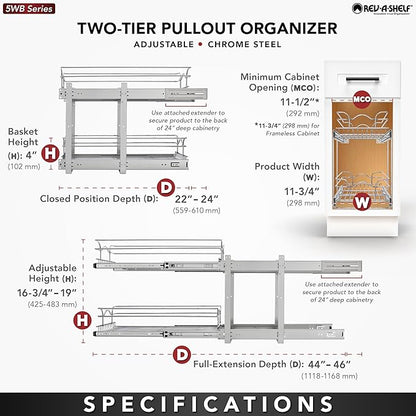 Rev-A-Shelf 2-Tier Pullout Shelf and Drawer Organizer for Kitchen Cabinets, Slide Out Storage Basket, Min Opening Width of 11.5", 12" x 22", 5WB2-1222CR-1