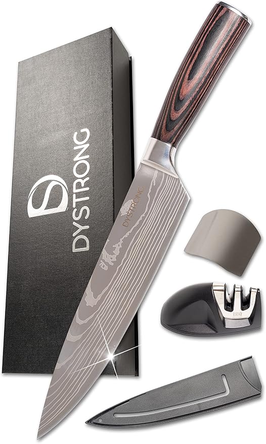 Chef’s Knife | Ergonomic Kitchen Knife | Chef Knife with Sheath, Finger Guard and Knife Sharpener, 8-inch Kitchen Knife by DYSTRONG | Stainless Steel Knife for Kitchen