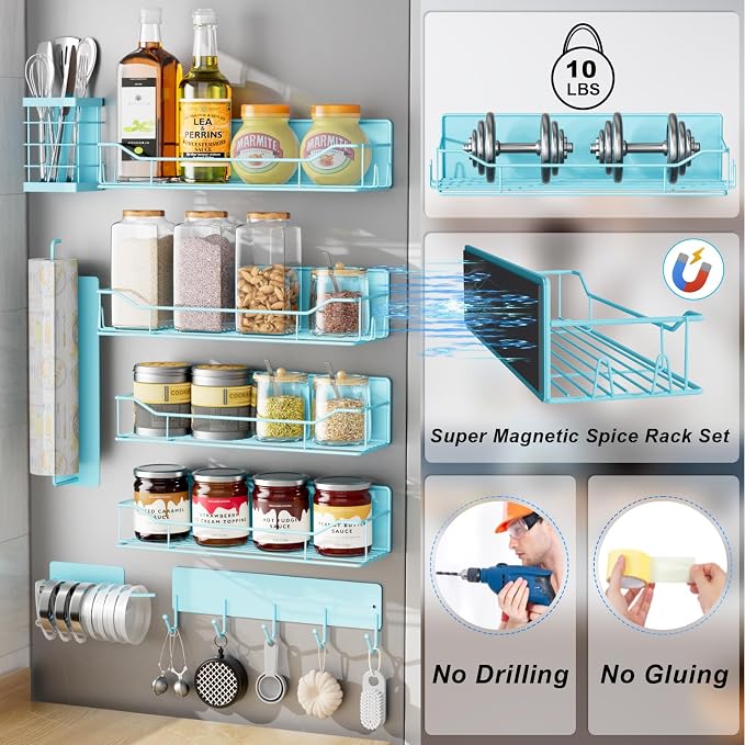 Magnetic Spice Rack for Refrigerator,8 Pack Magnetic Fridge Shelf, Moveable Spice Organizer with Hook Rack, Paper Towel Holder, Utensil Holder,cup lid holder, Super Magnetic Rack Set (Blue)