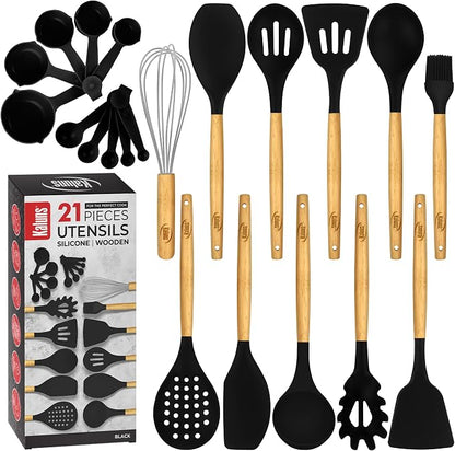 Kaluns Silicone Kitchen Utensils Set, Premium Non Stick Cooking Utensils Set - 21 Pcs Wooden Handle Silicone Spatula Set 446°F Heat Resistant - Kitchen Gadgets Home Essentials