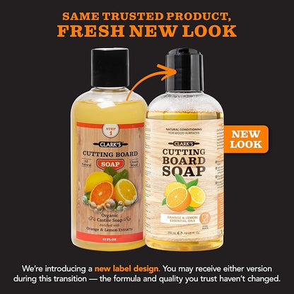 CLARK'S Cutting Board Organic Soap - Cleaner for Butcher Block, Countertop and Utensils - Enriched with Natural Orange & Lemon Extracts - Cleans and Restores Wood - Use Before Food Safe Mineral Oil