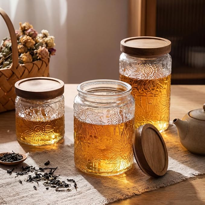 Suclain 5 Pcs Sunflower Vintage Glass Jars with Bamboo Airtight Lid 17/24/34 oz Glass Food Containers Storage for Kitchen Counter Pantry Sugar Flour Coffee Tea Candy Oats Cereal(Round)