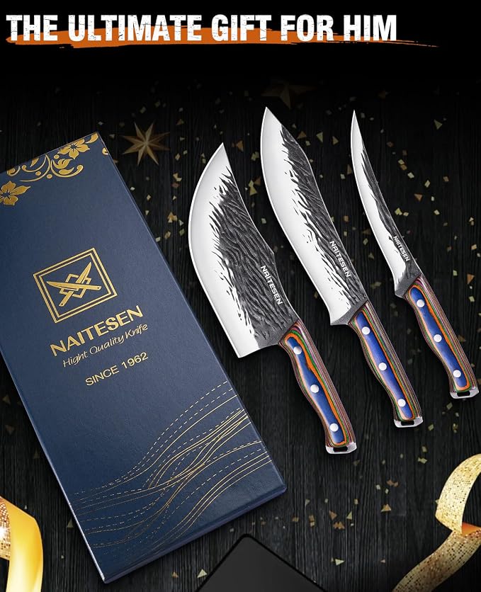 Naitesen 3PCS Hand Forged Butcher Knife Set - 15° Razor Sharp 6.5" Serbian Chef Knife, 8.5" Meat Slicer & 6.5" Boning Knife for Meat Cutting Kitchen Cooking BBQ - Gold-Stamped Gift Box