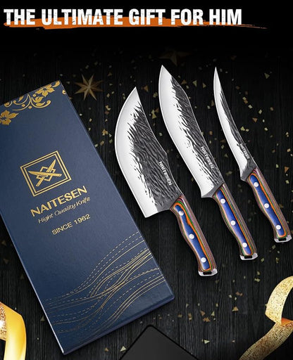 Naitesen 3PCS Hand Forged Butcher Knife Set - 15° Razor Sharp 6.5" Serbian Chef Knife, 8.5" Meat Slicer & 6.5" Boning Knife for Meat Cutting Kitchen Cooking BBQ - Gold-Stamped Gift Box