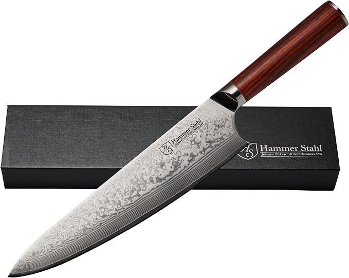 Hammer Stahl 9 Inch Damascus Chef Knife | Professional Kitchen Knife with Rosewood Handle | Damascus Cooking Knife Japanese Forged 67-Layer AUS10 Steel | Full-Tang Japanese Style Chef Knife with Gift