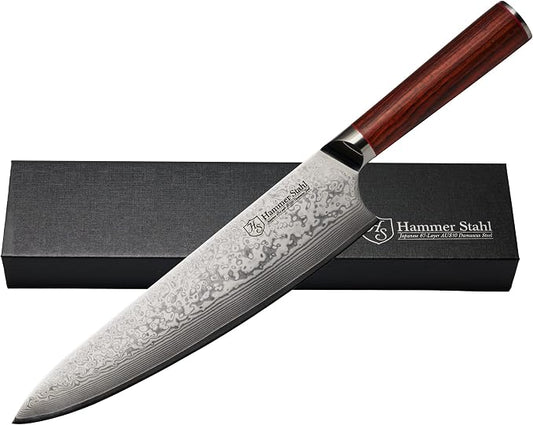 Hammer Stahl 9 Inch Damascus Chef Knife | Professional Kitchen Knife with Rosewood Handle | Damascus Cooking Knife Japanese Forged 67-Layer AUS10 Steel | Full-Tang Japanese Style Chef Knife with Gift