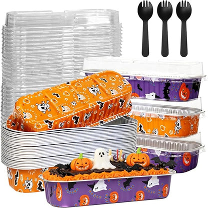 100Pack Halloween Mini Cake Pans Disposable Mini Loaf Pans with Lids and Spoons, 6.8Oz Aluminum Foil Pans Tins, Individual Dessert Cups Containers for Sales,Party,Picnics