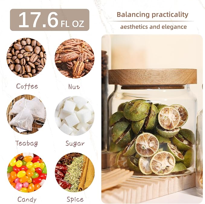 Custde Glass Jar with Lid, 17 FL oz Airtight Glass Storage Jar Glass Food Storage Containers for Kitchen Counter, Pantry, Decorative Jar for Coffee, Sugar, Candy Cute (Wooden 17 FL OZ)
