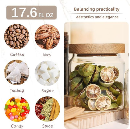 Custde Glass Jar with Lid, 17 FL oz Airtight Glass Storage Jar Glass Food Storage Containers for Kitchen Counter, Pantry, Decorative Jar for Coffee, Sugar, Candy Cute (Wooden 17 FL OZ)