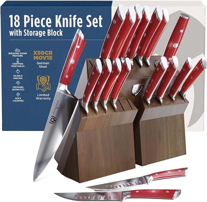 Dalstrong 18-Piece Gladiator Colossal Knife Block Set (Red Handles) — German High-Carbon Steel, Full-Tang, Hand-Sharpened — For Home Chefs, Wedding Registries & Serious Kitchens — Acacia Block, NSF