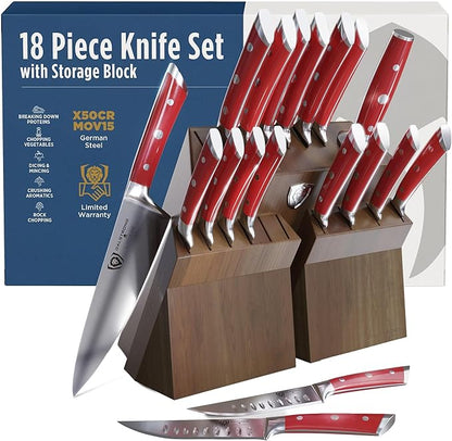 Dalstrong 18-Piece Gladiator Colossal Knife Block Set (Red Handles) — German High-Carbon Steel, Full-Tang, Hand-Sharpened — For Home Chefs, Wedding Registries & Serious Kitchens — Acacia Block, NSF