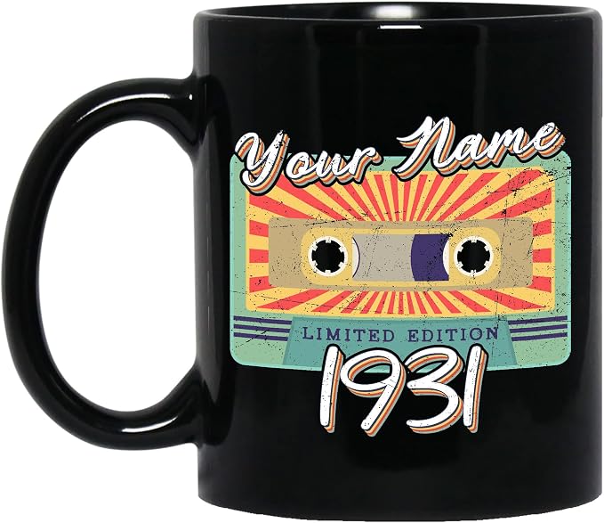 Personalized Vintage Cassette Tape Vintage 1931 Mug, Custom Your Name, 1931 Retro Coffee Mug, 91st Birthday Present Gifts, 1931 Birthday Gift For Friends Family, Customizable Black Tea Cups