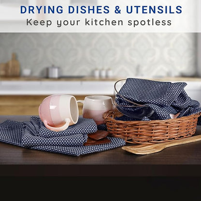 TWINY threads 4 Pack Kitchen Towels, 100% Cotton, 18x28 Inches, Highly Absorbent & Soft, Quick-Dry Dish Towel Set with Hanging Loop, Washcloth for Cleaning, Washable for Everyday Use - Navy Blue