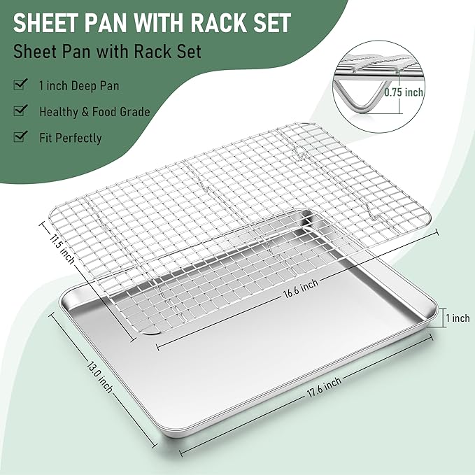 Homikit Half Baking Sheet with Wire Rack (1 Pan+1 Rack), 18" x 13" Stainless Steel Cookie Sheet Pan with Grid Cooling Rack Set for Baking, Large Bacon Tray for Oven Cooking Roasting, Dishwasher Safe