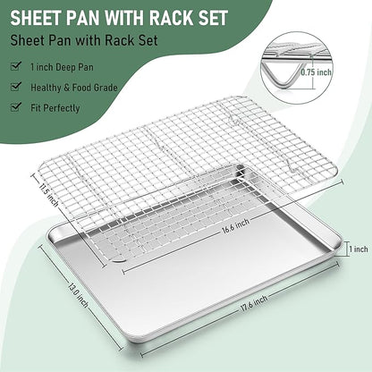 Homikit Half Baking Sheet with Wire Rack (1 Pan+1 Rack), 18" x 13" Stainless Steel Cookie Sheet Pan with Grid Cooling Rack Set for Baking, Large Bacon Tray for Oven Cooking Roasting, Dishwasher Safe