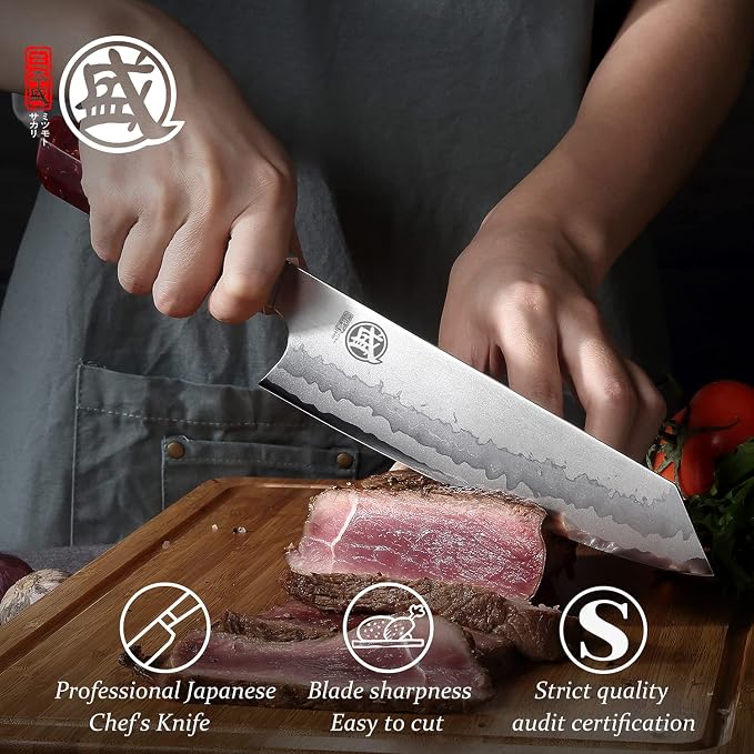 MITSUMOTO SAKARI 8-Inch Kiritsuke Chef Knife, 440C Damascus, White Handle | Angled tip and long flat edge for meat, fish and vegetables, 440C Damascus, white pomegranate handle, sandalwood box