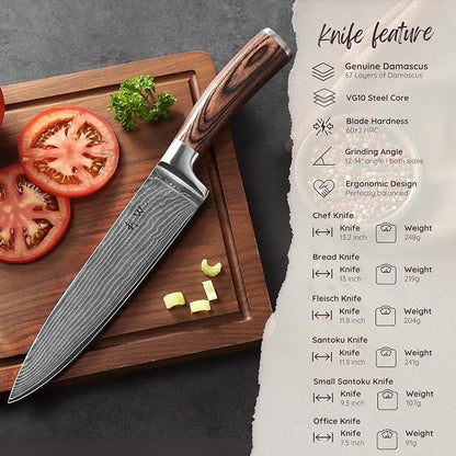 Wakoli EDIB 6-Piece Damascus Knife Block Set, VG10 Core 67-Layer Damascus Steel Kitchen Knives with Magnetic Acacia Wood Block, Ergonomic Pakkawood Handles, Hand Wash Only