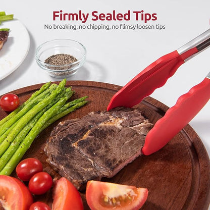 Heat Resistant Silicone Kitchen Tong: U-Taste 9 inch 480ºF Hot Proof Cooking Tong with Firm Sealed Non Stick Rubber Tips & Silicon Coated Steel Handle & Smooth Locking for Serving Grill Salad (Red)