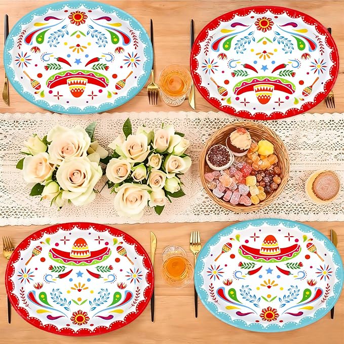 50Pcs Mexican Fiesta Oval Paper Plates 10" x 12" Large Disposable Heavy Duty Colorful Mandala Floral Plates Mexican Cinco De Mayo Dessert Platters for Taco Tuesday Birthday Festive Party Supplies