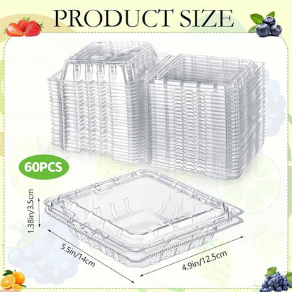 Baderke 60 Pcs Plastic Berry Basket with Clamshell Lids Clear Plastic Disposable Containers Fruit Produce Saver Containers for Blueberries Raspberries Blackberries Strawberries Cherry Tomatoes