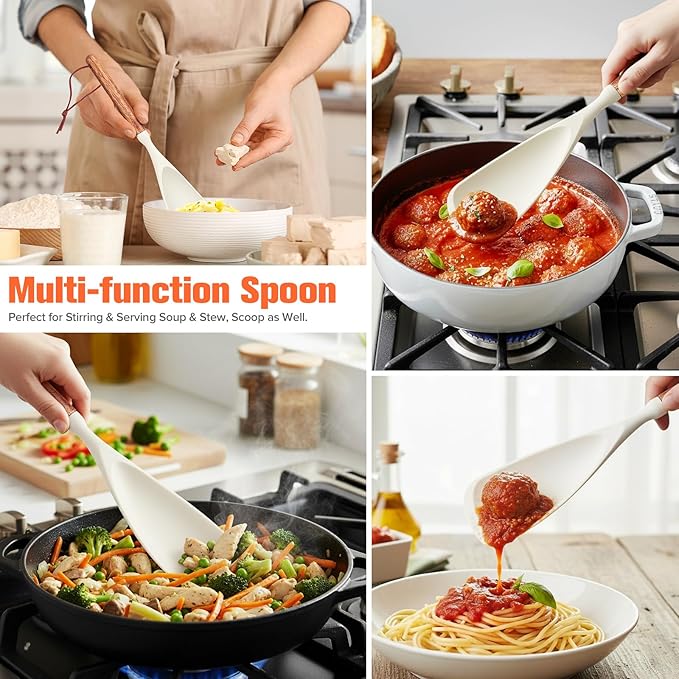 Silicone Cooking Utensils Set of 7 Pack, Wood Handle Heat-Resistant Kitchen Utensils, Non-Stick Cookware Safe - Include Spatula, Spoon, Ladle, Bowl Scraper, Basting Brush for Cooking, Baking (White)