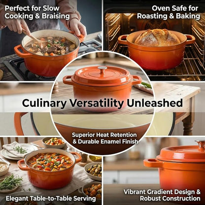 YJX Cast Iron Dutch Oven Pot with Lid, Enameled Cast Iron Pot, Orange Bread Dutch Oven, 4QT Heavy-Duty Cookware Oven Safe to 500°F for Bread Baking, Braising, Stews, Roasting