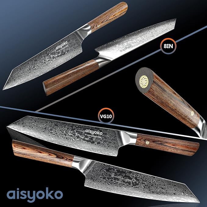 aisyoko Chef Knife 8 Inch Damascus Japan VG-10 Super Stainless Steel Professional High Carbon Super Sharp Kitchen Cooking Knife, Ergonomic Color Wooden Handle Luxury Gift Box