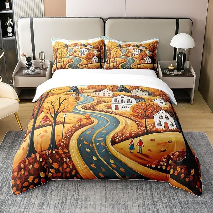 Castle Fairy Fall Countryside 100% Natural Cotton Duvet Cover Queen Maple Leaves Tree Comforter Cover Autumn Landscape Bedding Set 3 Pcs Bed Cover,Comforter Not Included