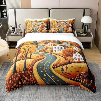 Castle Fairy Fall Countryside 100% Natural Cotton Duvet Cover Queen Maple Leaves Tree Comforter Cover Autumn Landscape Bedding Set 3 Pcs Bed Cover,Comforter Not Included