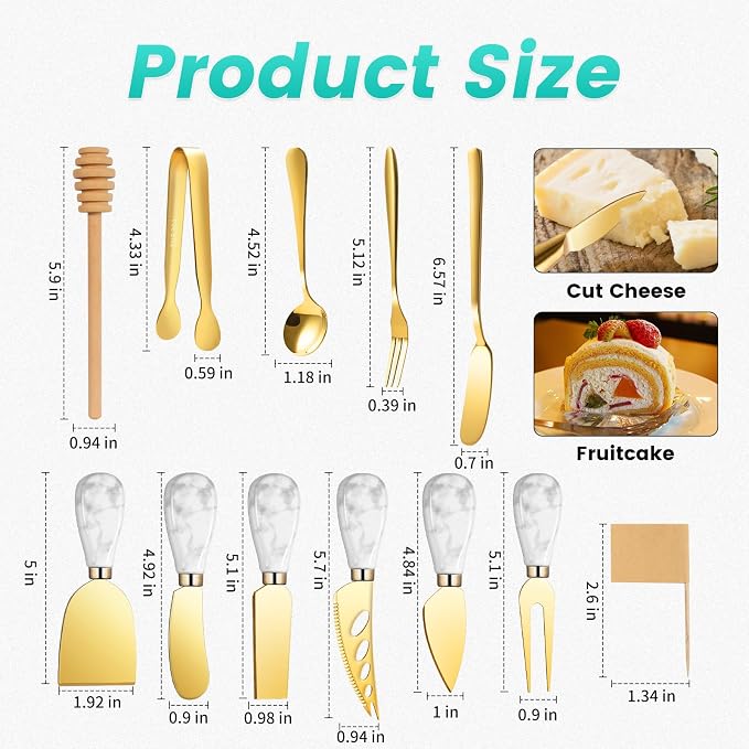 Marble Gold Cheese Knife Set, Ceramic Handle Charcuterie Board Accessories - Butter Spreader, Cheese Slicer, Serving Tongs, Spoons, Forks, Flags, Wooden Honey Dipper