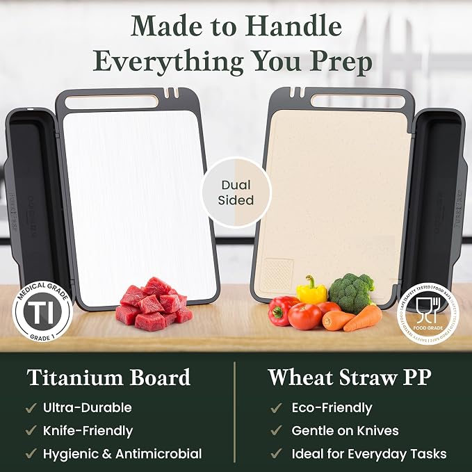 PURE-PREP Titanium Cutting Board - Double-Sided Design with Titanium Cutting Board and Wheat Straw PP for Kitchen Use - Chopping Board with Collapsible Catch, Grater, Knife Sharpener - Large 16”x11”