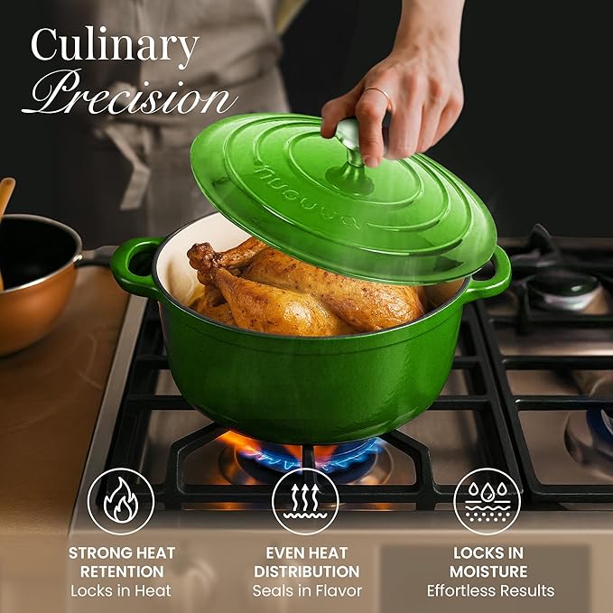 Cast Iron Dutch Oven with Lid - Non-Stick Ovenproof Enamelled Casserole Pot- Sturdy Dutch Oven Cookware - Green, 3.1- Quart, 22cm-by Nuovva