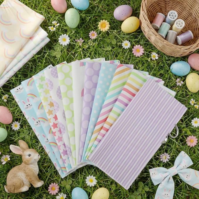 Tatuo 30 Pieces 10 x 10 Inches Easter Cotton Fabric Bundle Squares Patchwork Pastel Fabric Sewing Quilting Bundles Assorted Pattern Cloth for DIY Scrapbook Craft Making