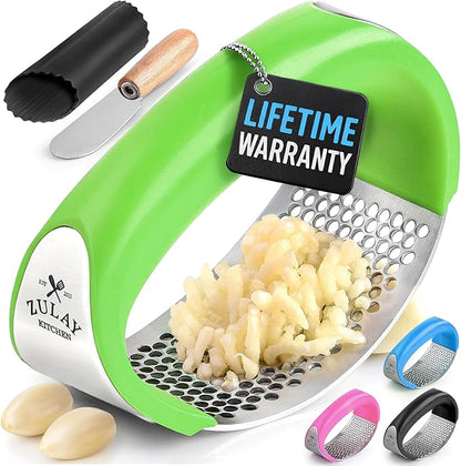 Zulay Kitchen Stainless Steel Garlic Press Rocker Set - Premium Garlic Mincer Garlic Crusher - New Innovative Garlic Crusher with Peeler and Scraper - Comfortable Grip (Green)