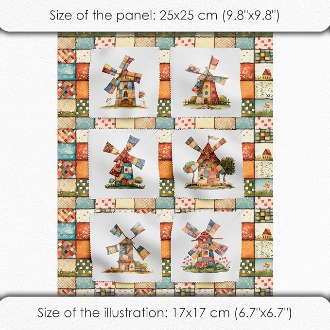 Patchwork Fabric Panel with Windmill Designs – 100% Cotton Satin, 6 Printed Panels 10”×10” + Patchwork Sheet 29.5”×19.7”, Single Continuous Cloth for Quilting & Sewing