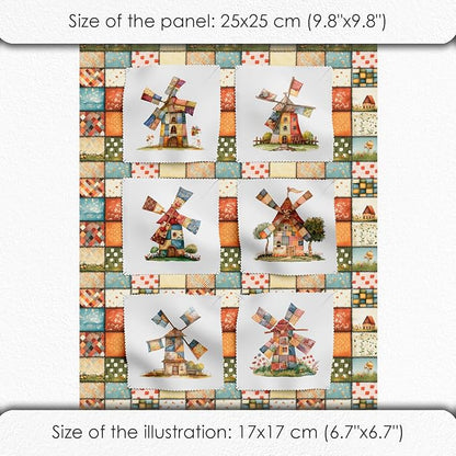Patchwork Fabric Panel with Windmill Designs – 100% Cotton Satin, 6 Printed Panels 10”×10” + Patchwork Sheet 29.5”×19.7”, Single Continuous Cloth for Quilting & Sewing
