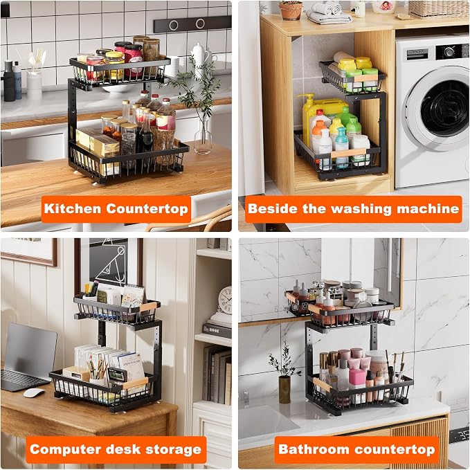 Under Sink Organizer, 2 Pack 2 Tier Under Sink Organizers and Storage, Slide Out Pull Out Cabinet Organizer Shelf, Height Adjustable Metal Drawer for Kitchen Bathroom Closet Organization Rack Black