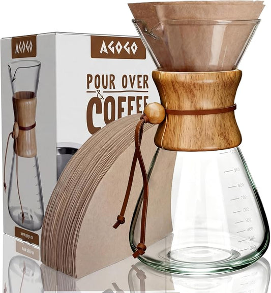 AGOGO Pour Over Coffee Maker Glass with 50pcs Paper Filters -for Home, Office, Camping, Cafes - Easy Clean Coffee Dripper Set (Soft Towel&Brush)(34oz Slim Shape w/Paper Filters)