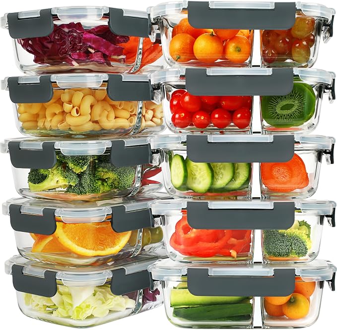 Meal Prep Containers - 2 Compartments with Glass Bowls with Lids, Food Storage Containers Dividers Airtight Lunch Containers, Bento Box for Oven Freezer, 10 Pack