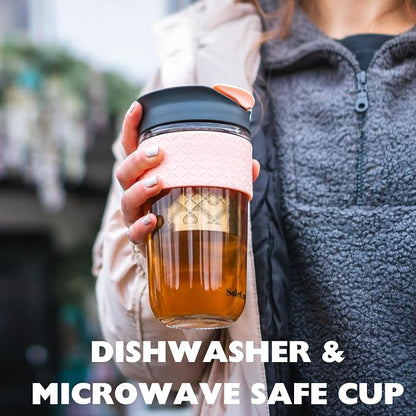 Large Travel Mug Loose Tea Infuser - Detachable Tea Strainer with Spill Proof Lid - 18oz/530ml BPA-Free Reusable Glass Travel Coffee Cup with Silicone Band (Red, 18oz)