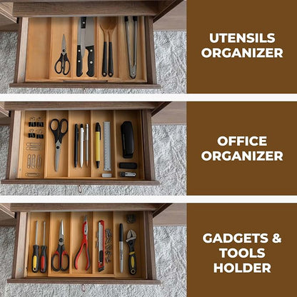 Utensils Organizer Rubberwood, Expandable Silverware Drawer Organizer with 5 Compartments, Wooden Kitchen Storage Tray Holder for Cutlery, Flatware & Utensils