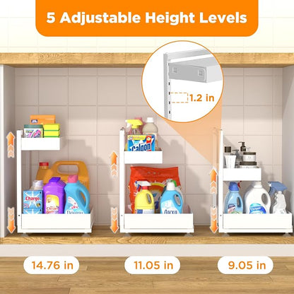 TATAANTY Under Sink Organizer 2 Pack, 2 Tier Metal Under the Sink Storage, Heavy Duty Slide out Pull out Cabinet Organizer, Height Adjustable for Kitchen Bathroom Pantry Closet Organization Rack
