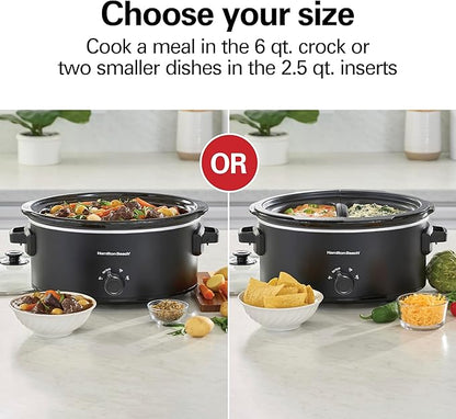 Hamilton Beach Double Dish Slow Cooker with 6qt Crock and Dual 2.5qt Nonstick Insert to Cook Two Meals at Once, Serves 7+ People, Dishwasher Safe Pot & Lid, Black (33569)
