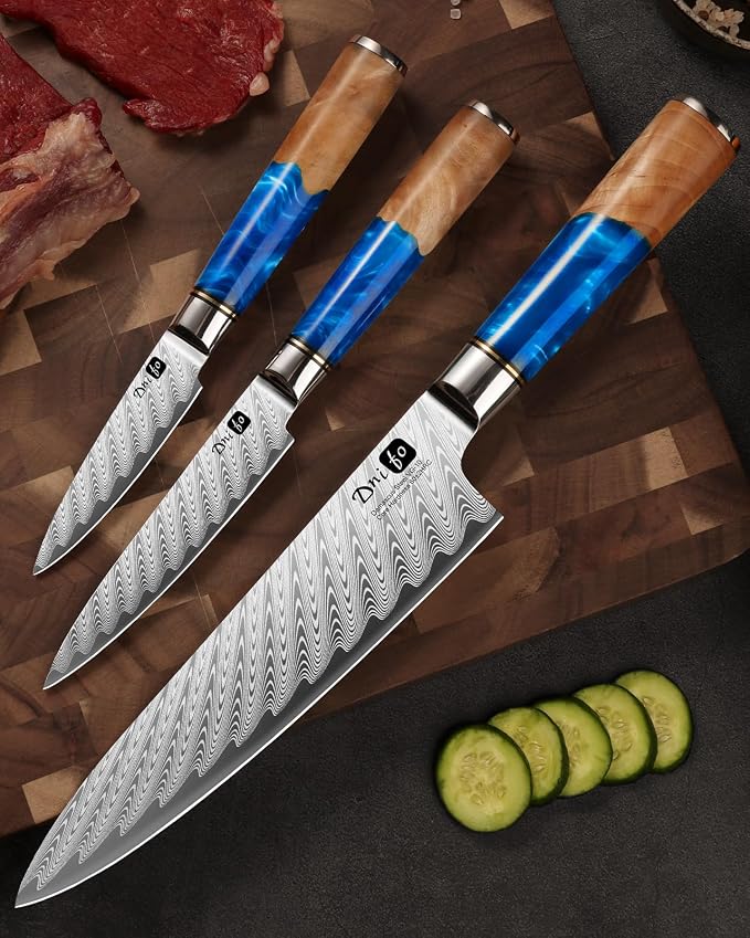 Japanese Chef Knife, 8 Inch Damascus Kitchen Knife with 67-Layer Damascus Steel & VG10 Core, Ultra Sharp Cooking Knife with Ergonomic Blue Resin Wooden Handle, Ideal Gift for Men and Women