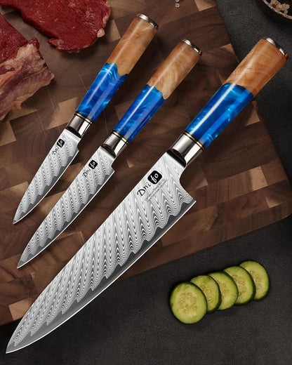 Japanese Chef Knife, 8 Inch Damascus Kitchen Knife with 67-Layer Damascus Steel & VG10 Core, Ultra Sharp Cooking Knife with Ergonomic Blue Resin Wooden Handle, Ideal Gift for Men and Women