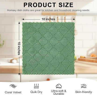 Homaxy 18 Pack Kitchen Dish Cloths (10 x 10 Inches, Grass Green), Super Soft and Absorbent Coral Velvet Dish Towels, Nonstick Oil Fast Drying Microfiber Cleaning Cloth, No Lint Household Dishcloths